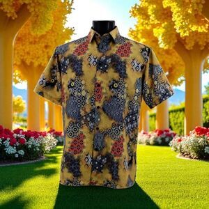 BASSIRI MEN'S CASUAL ABSTRACT SHORT SLEEVE SHIRT. YELLOW CHARCOAL BLACK ORANGE.
